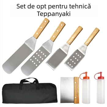 Set de instrumente BBQ din oțel inoxidabil, 8 piese, cu cuțit și spatulă, în husă Oxford din material textil, cu componente lemn, oțel inoxidabil și silicon, design modern minimalist pentru gătitul în aer liber