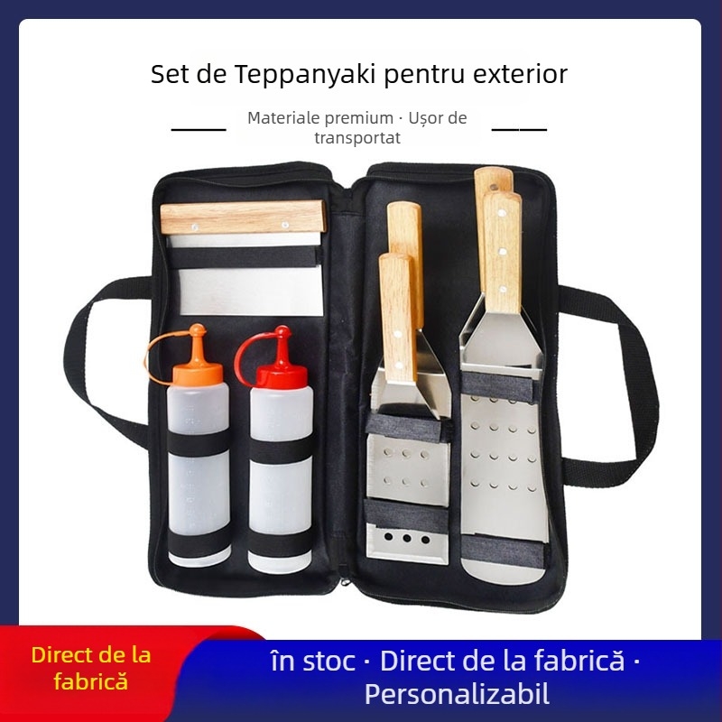 Set de instrumente BBQ din oțel inoxidabil, 8 piese, cu cuțit și spatulă, în husă Oxford din material textil, cu componente lemn, oțel inoxidabil și silicon, design modern minimalist pentru gătitul în aer liber