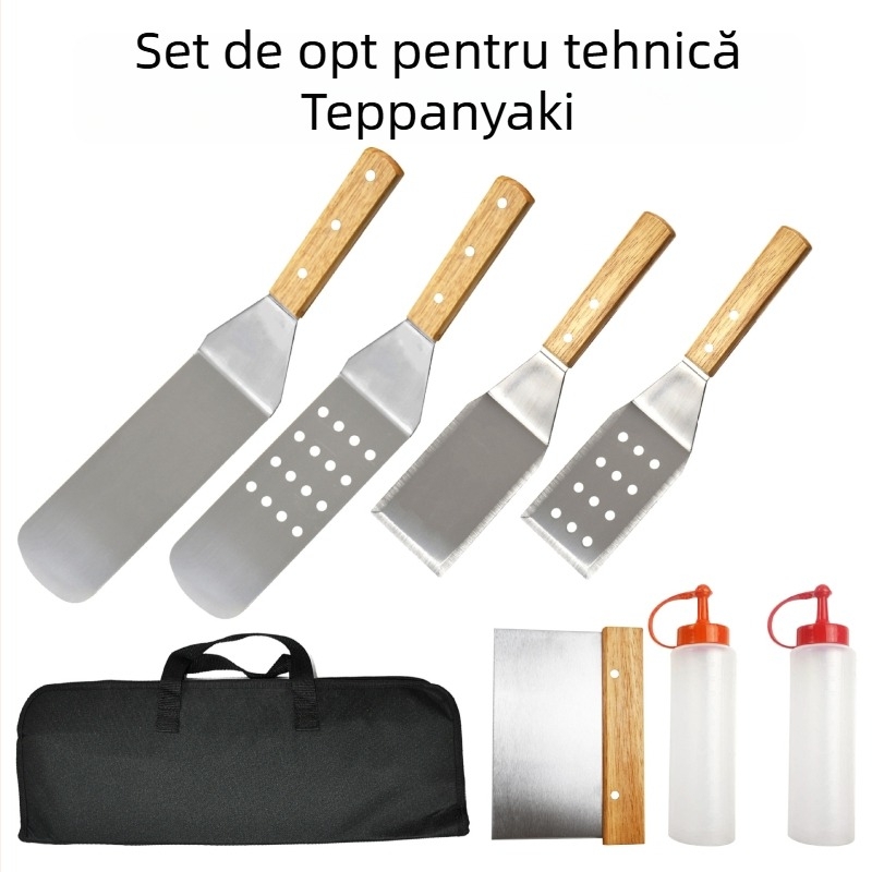 Set de instrumente BBQ din oțel inoxidabil, 8 piese, cu cuțit și spatulă, în husă Oxford din material textil, cu componente lemn, oțel inoxidabil și silicon, design modern minimalist pentru gătitul în aer liber