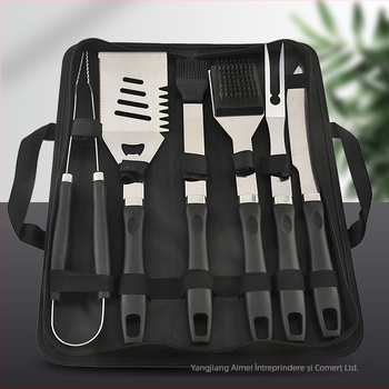 Set portabil pentru grătar din oțel inoxidabil 410, mâner în formă de dovleac, în husă din material Oxford — include cuțit, clipsă, perie, furcă, frigărui și spatulă