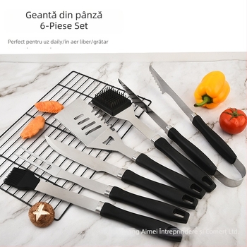 Set portabil pentru grătar din oțel inoxidabil 410, mâner în formă de dovleac, în husă din material Oxford — include cuțit, clipsă, perie, furcă, frigărui și spatulă