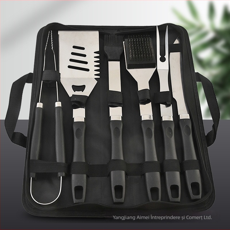 Set portabil pentru grătar din oțel inoxidabil 410, mâner în formă de dovleac, în husă din material Oxford — include cuțit, clipsă, perie, furcă, frigărui și spatulă