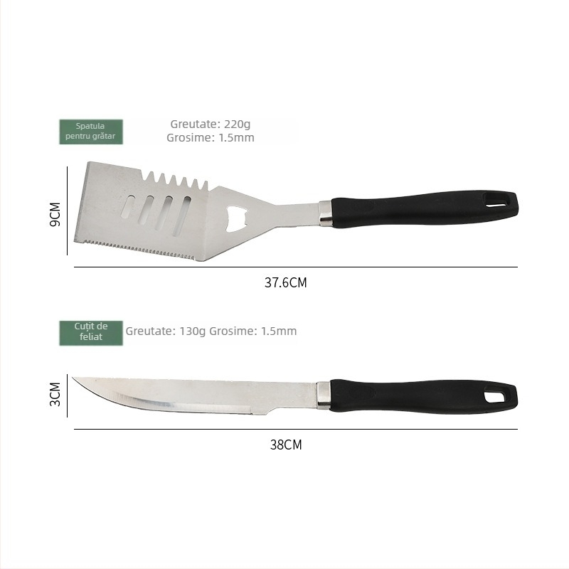 Set portabil pentru grătar din oțel inoxidabil 410, mâner în formă de dovleac, în husă din material Oxford — include cuțit, clipsă, perie, furcă, frigărui și spatulă