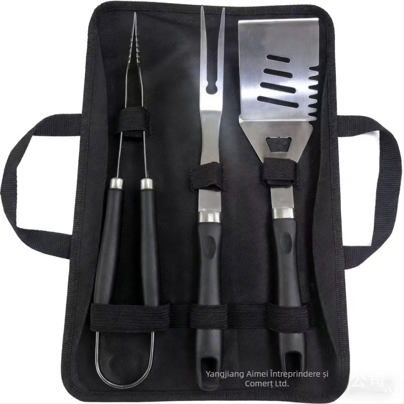 Set portabil pentru grătar din oțel inoxidabil 410, mâner în formă de dovleac, în husă din material Oxford — include cuțit, clipsă, perie, furcă, frigărui și spatulă