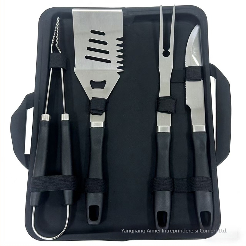 Set portabil pentru grătar din oțel inoxidabil 410, mâner în formă de dovleac, în husă din material Oxford — include cuțit, clipsă, perie, furcă, frigărui și spatulă