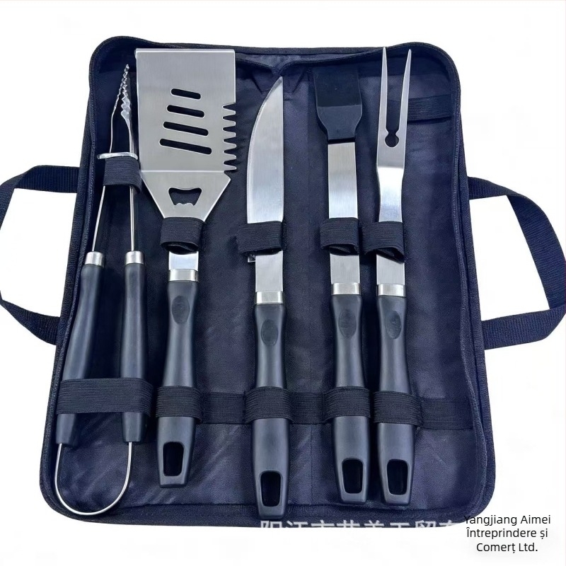 Set portabil pentru grătar din oțel inoxidabil 410, mâner în formă de dovleac, în husă din material Oxford — include cuțit, clipsă, perie, furcă, frigărui și spatulă