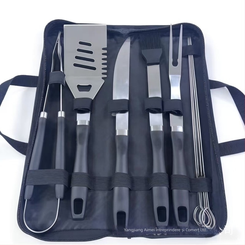 Set portabil pentru grătar din oțel inoxidabil 410, mâner în formă de dovleac, în husă din material Oxford — include cuțit, clipsă, perie, furcă, frigărui și spatulă