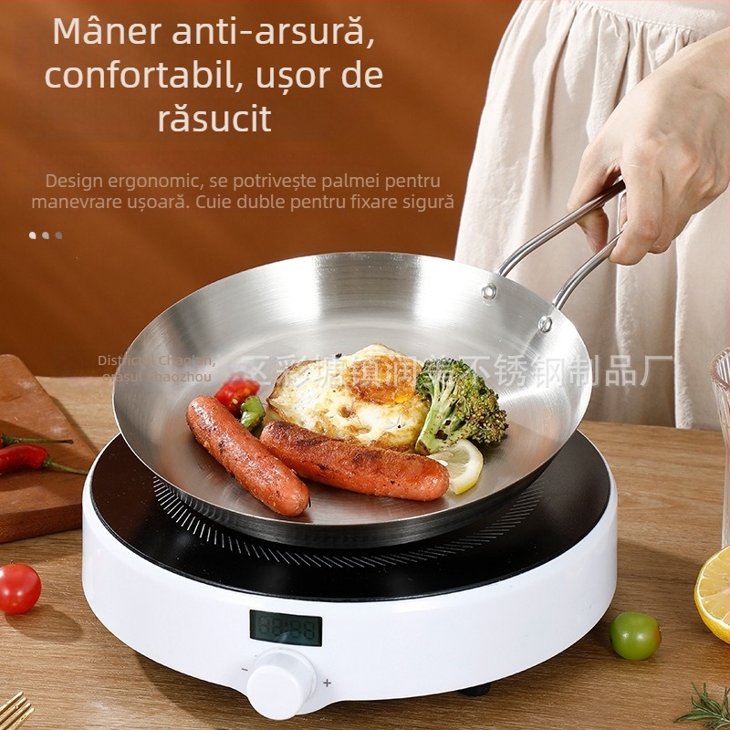 Tigaie din oțel inoxidabil 201, clasă alimentară, construcție cu trei straturi pentru distribuția uniformă a căldurii, mâner anti-arsură, potrivită pentru prăjirea fripturilor, ouălor și clătitelor