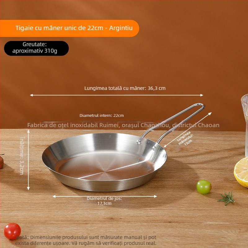 Tigaie din oțel inoxidabil 201, clasă alimentară, construcție cu trei straturi pentru distribuția uniformă a căldurii, mâner anti-arsură, potrivită pentru prăjirea fripturilor, ouălor și clătitelor