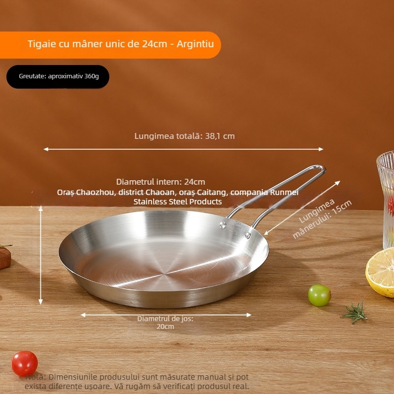 Tigaie din oțel inoxidabil 201, clasă alimentară, construcție cu trei straturi pentru distribuția uniformă a căldurii, mâner anti-arsură, potrivită pentru prăjirea fripturilor, ouălor și clătitelor