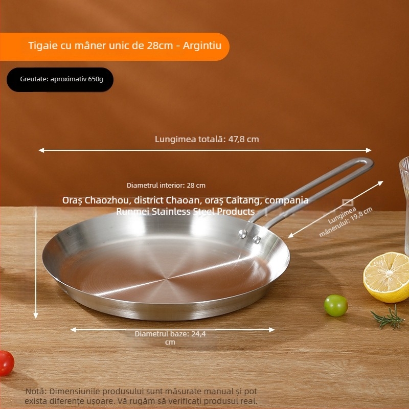 Tigaie din oțel inoxidabil 201, clasă alimentară, construcție cu trei straturi pentru distribuția uniformă a căldurii, mâner anti-arsură, potrivită pentru prăjirea fripturilor, ouălor și clătitelor