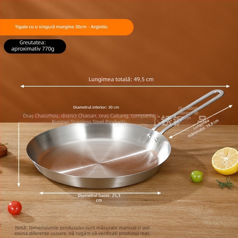 Tigaie din oțel inoxidabil 201, clasă alimentară, construcție cu trei straturi pentru distribuția uniformă a căldurii, mâner anti-arsură, potrivită pentru prăjirea fripturilor, ouălor și clătitelor