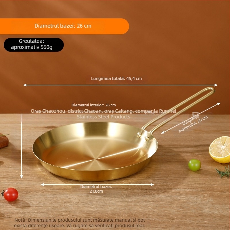 Tigaie din oțel inoxidabil 201, clasă alimentară, construcție cu trei straturi pentru distribuția uniformă a căldurii, mâner anti-arsură, potrivită pentru prăjirea fripturilor, ouălor și clătitelor