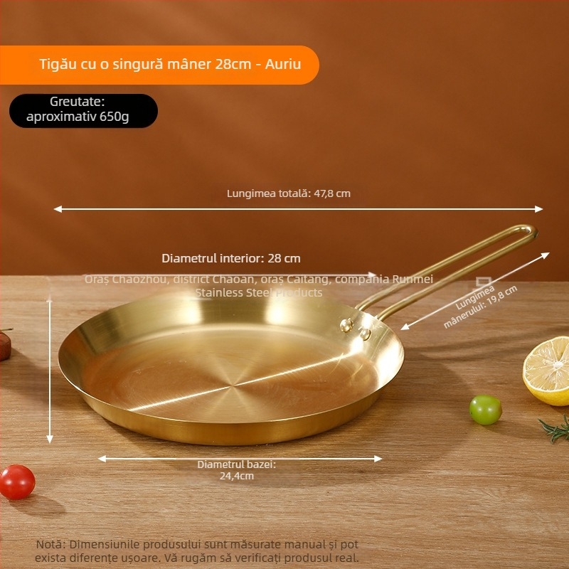 Tigaie din oțel inoxidabil 201, clasă alimentară, construcție cu trei straturi pentru distribuția uniformă a căldurii, mâner anti-arsură, potrivită pentru prăjirea fripturilor, ouălor și clătitelor
