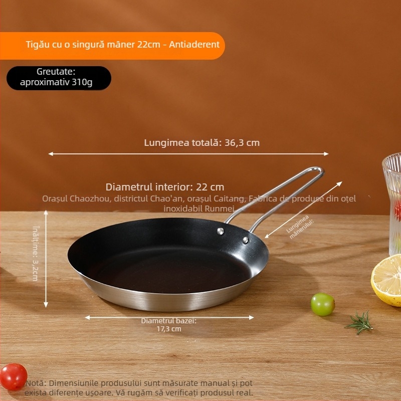 Tigaie din oțel inoxidabil 201, clasă alimentară, construcție cu trei straturi pentru distribuția uniformă a căldurii, mâner anti-arsură, potrivită pentru prăjirea fripturilor, ouălor și clătitelor
