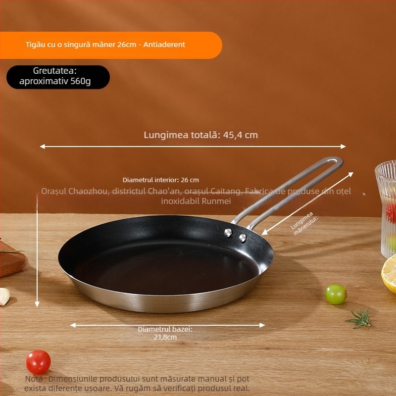 Tigaie din oțel inoxidabil 201, clasă alimentară, construcție cu trei straturi pentru distribuția uniformă a căldurii, mâner anti-arsură, potrivită pentru prăjirea fripturilor, ouălor și clătitelor