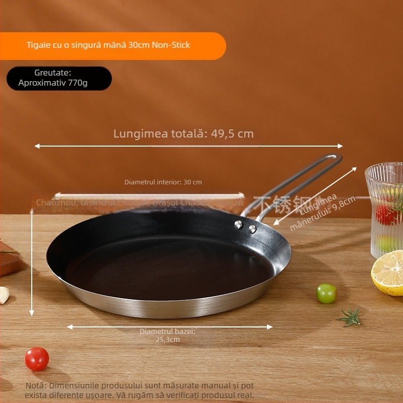 Tigaie din oțel inoxidabil 201, clasă alimentară, construcție cu trei straturi pentru distribuția uniformă a căldurii, mâner anti-arsură, potrivită pentru prăjirea fripturilor, ouălor și clătitelor