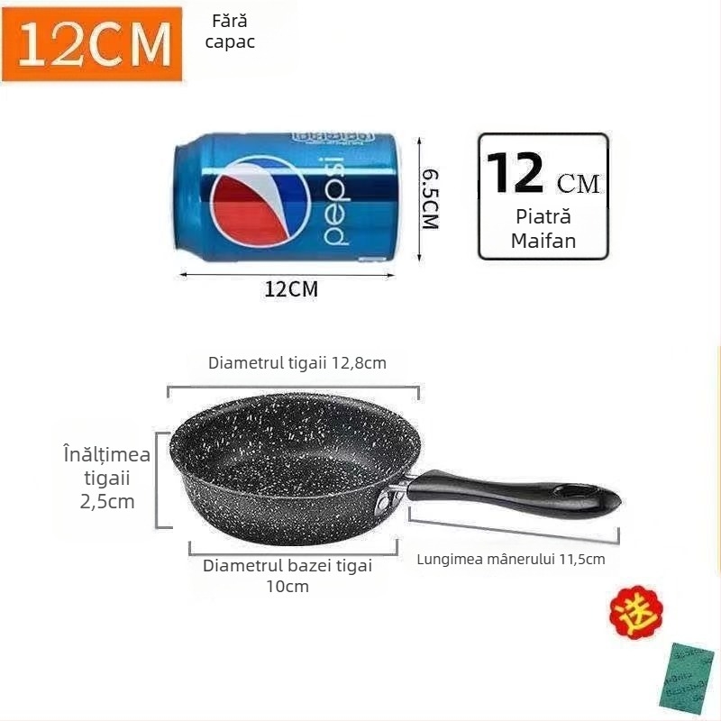 Tigaie de prăjit cu piatră Maifan, antiaderentă, capac de sticlă (Compatibil Inducție, Fund simplu, Plită generală)