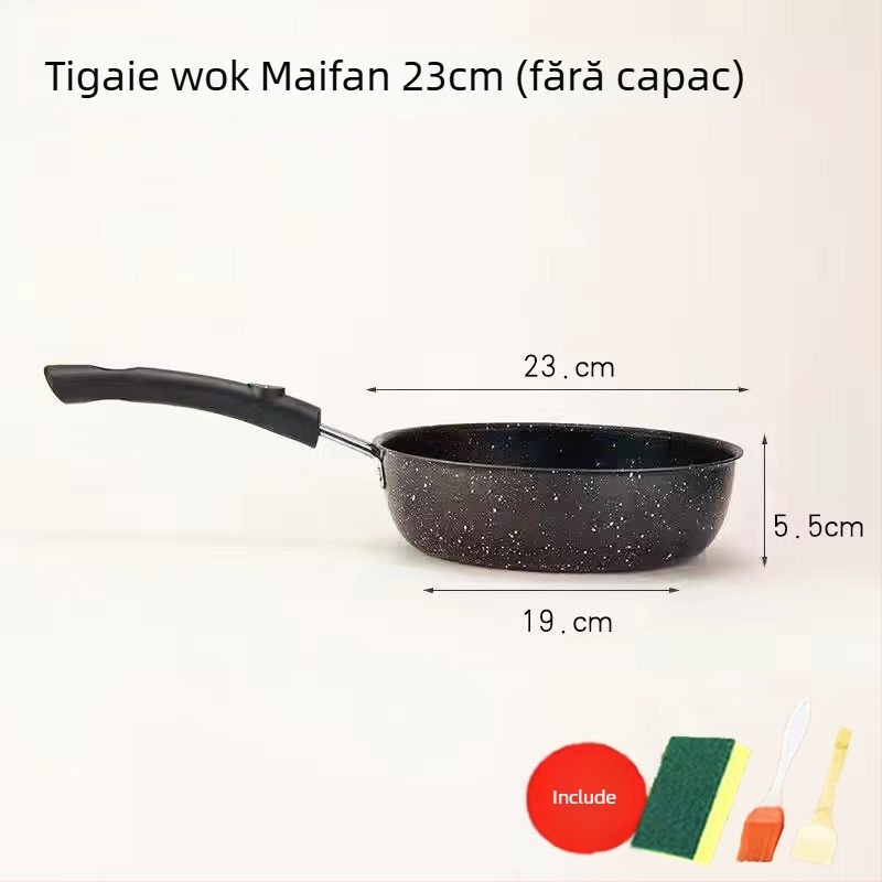 Tigaie de prăjit cu piatră Maifan, antiaderentă, capac de sticlă (Compatibil Inducție, Fund simplu, Plită generală)