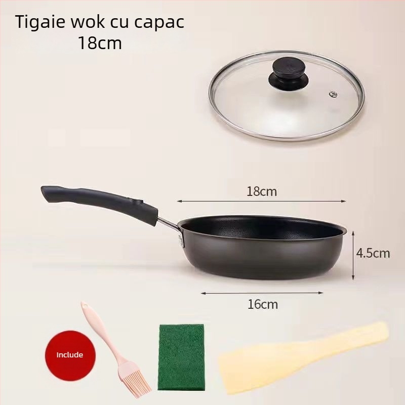 Tigaie de prăjit cu piatră Maifan, antiaderentă, capac de sticlă (Compatibil Inducție, Fund simplu, Plită generală)