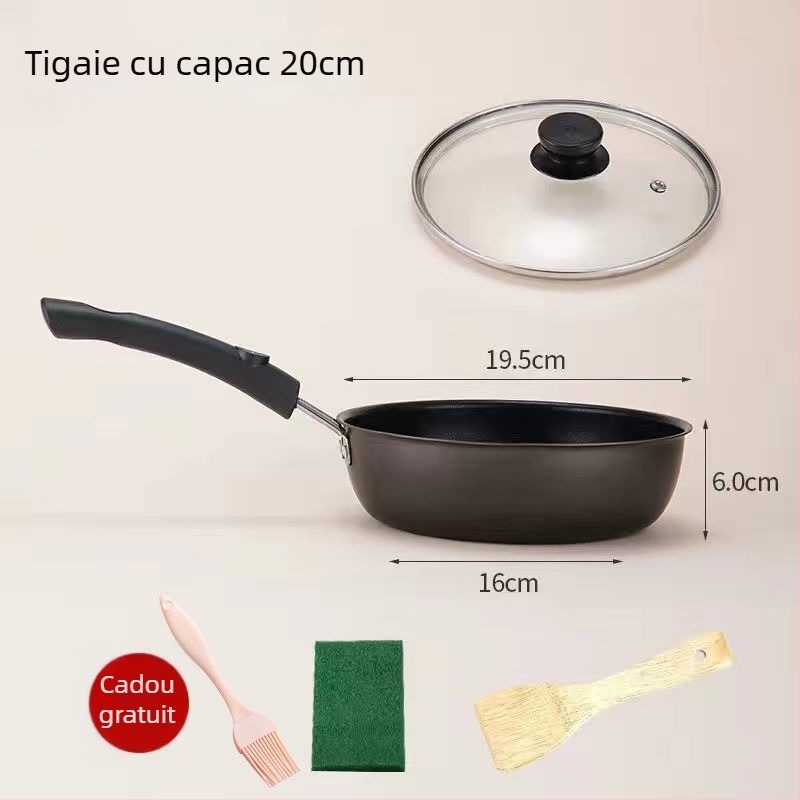 Tigaie de prăjit cu piatră Maifan, antiaderentă, capac de sticlă (Compatibil Inducție, Fund simplu, Plită generală)