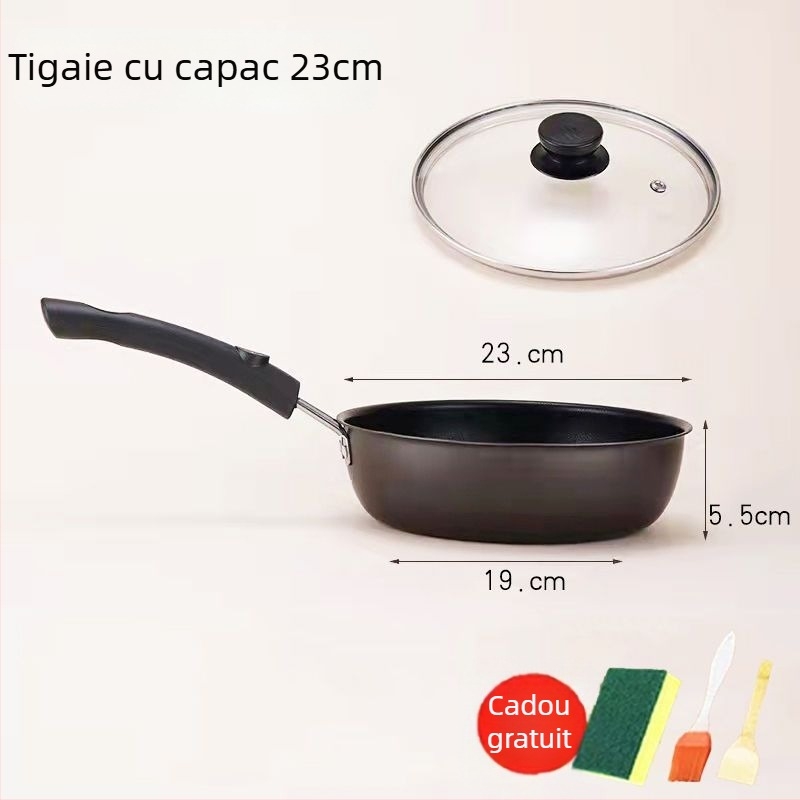 Tigaie de prăjit cu piatră Maifan, antiaderentă, capac de sticlă (Compatibil Inducție, Fund simplu, Plită generală)