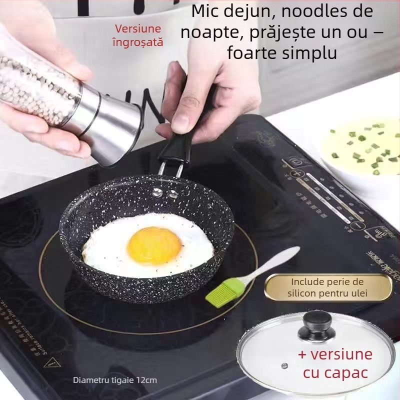 Tigaie de prăjit cu piatră Maifan, antiaderentă, capac de sticlă (Compatibil Inducție, Fund simplu, Plită generală)