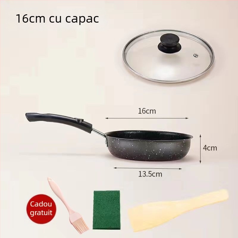 Tigaie de prăjit cu piatră Maifan, antiaderentă, capac de sticlă (Compatibil Inducție, Fund simplu, Plită generală)