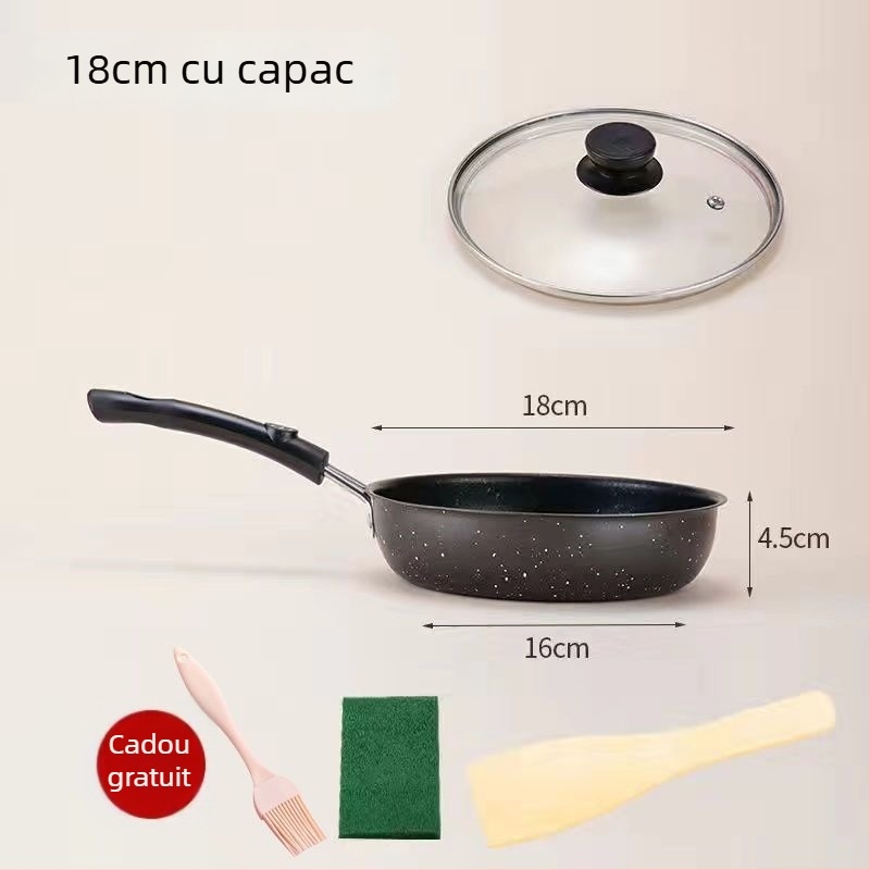 Tigaie de prăjit cu piatră Maifan, antiaderentă, capac de sticlă (Compatibil Inducție, Fund simplu, Plită generală)
