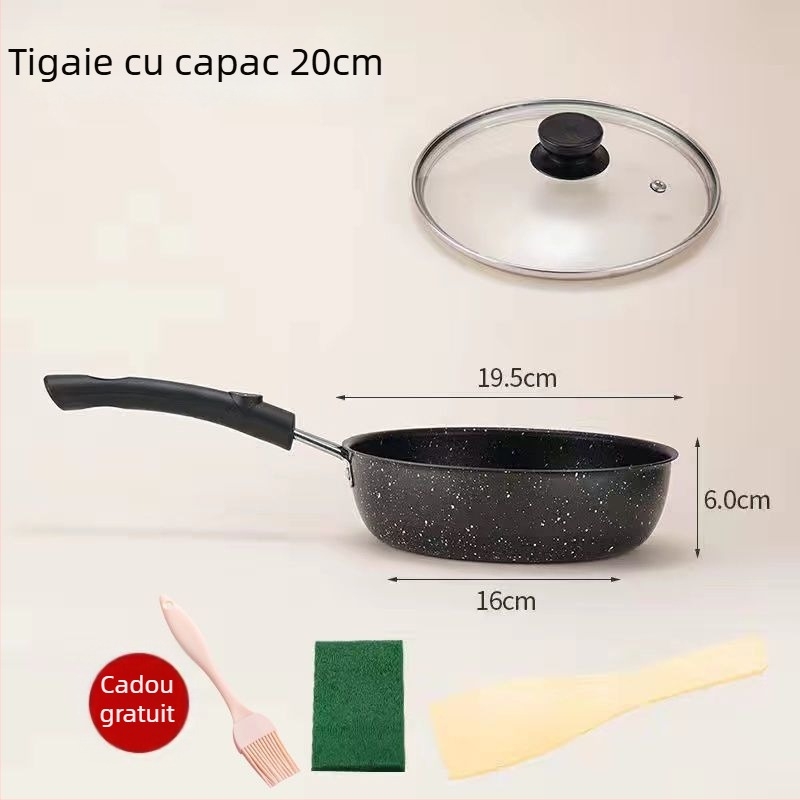 Tigaie de prăjit cu piatră Maifan, antiaderentă, capac de sticlă (Compatibil Inducție, Fund simplu, Plită generală)