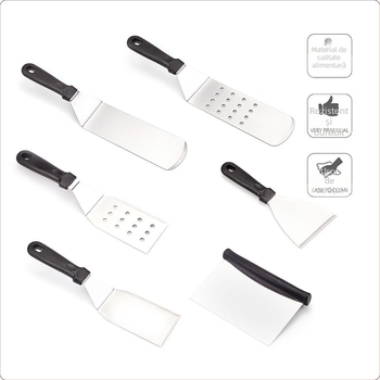 Set de spatule teppanyaki din oțel inoxidabil pentru grătar în aer liber — design modern minimalist, include spatule pentru steak și clătite, personalizabile