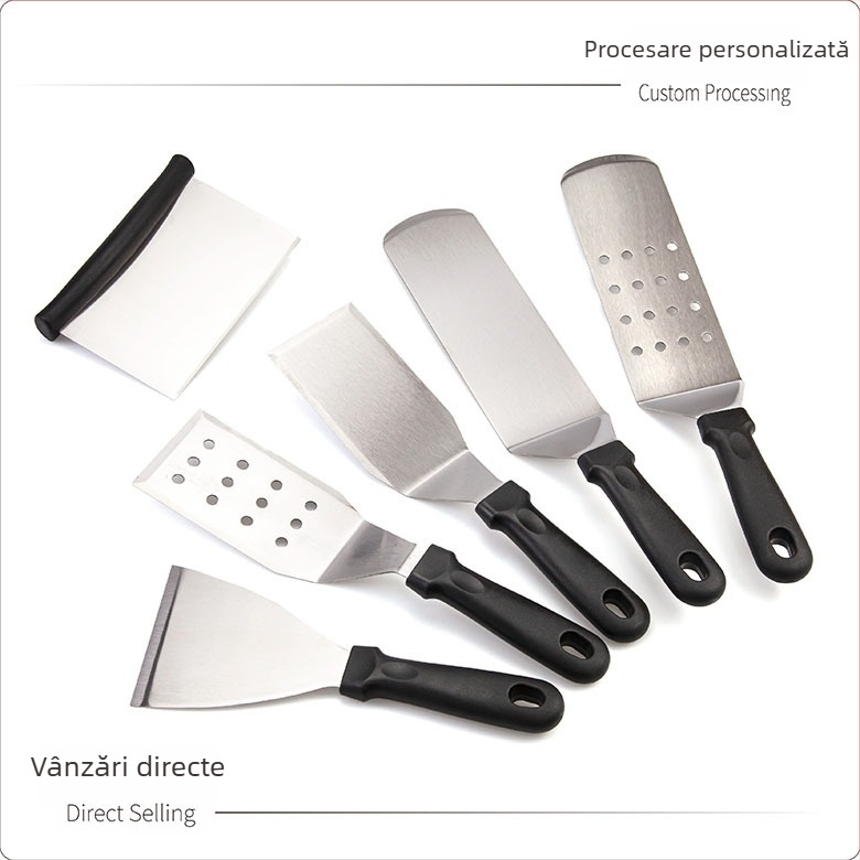 Set de spatule teppanyaki din oțel inoxidabil pentru grătar în aer liber — design modern minimalist, include spatule pentru steak și clătite, personalizabile