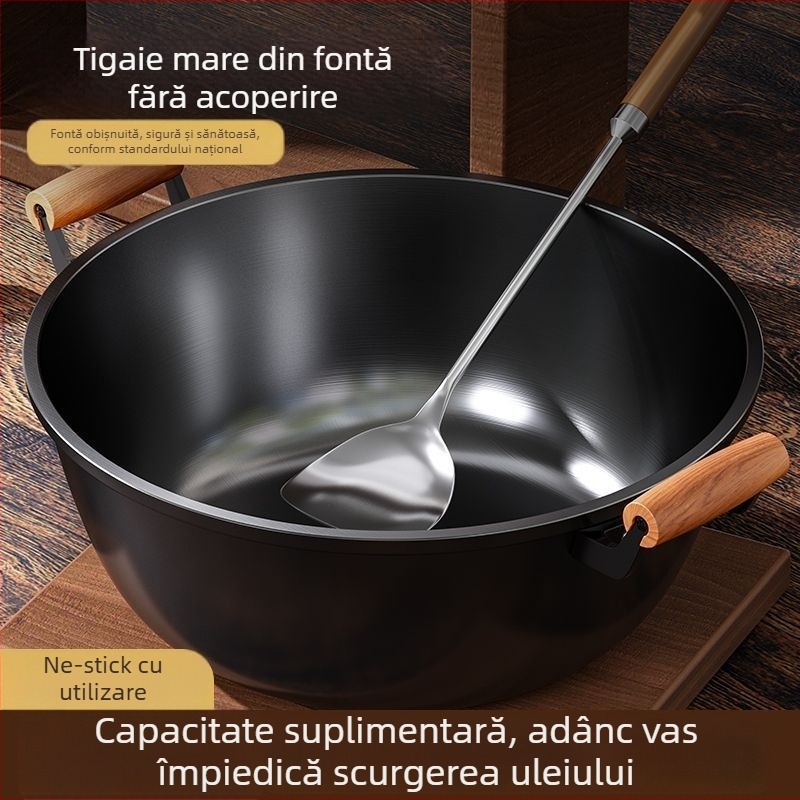 Wok din fontă cu pereți adânci, două mânere, fără acoperire, capac din sticlă, compatibil cu toate plitele