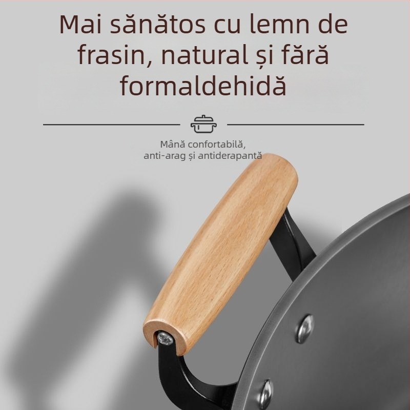 Wok din fontă cu pereți adânci, două mânere, fără acoperire, capac din sticlă, compatibil cu toate plitele