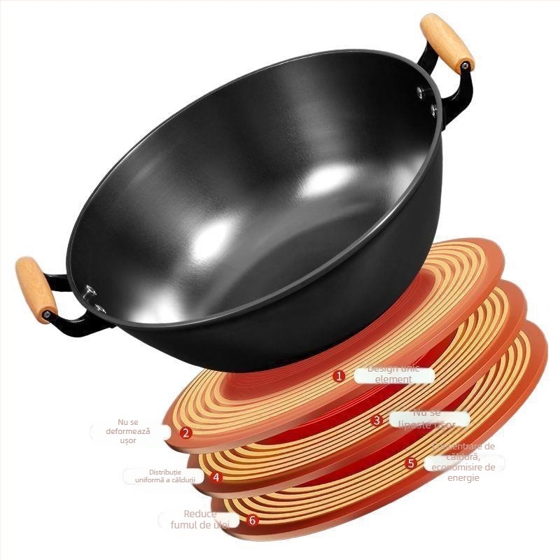 Wok din fontă cu pereți adânci, două mânere, fără acoperire, capac din sticlă, compatibil cu toate plitele