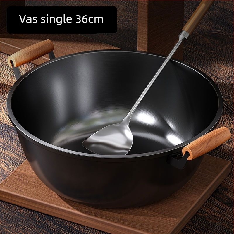 Wok din fontă cu pereți adânci, două mânere, fără acoperire, capac din sticlă, compatibil cu toate plitele