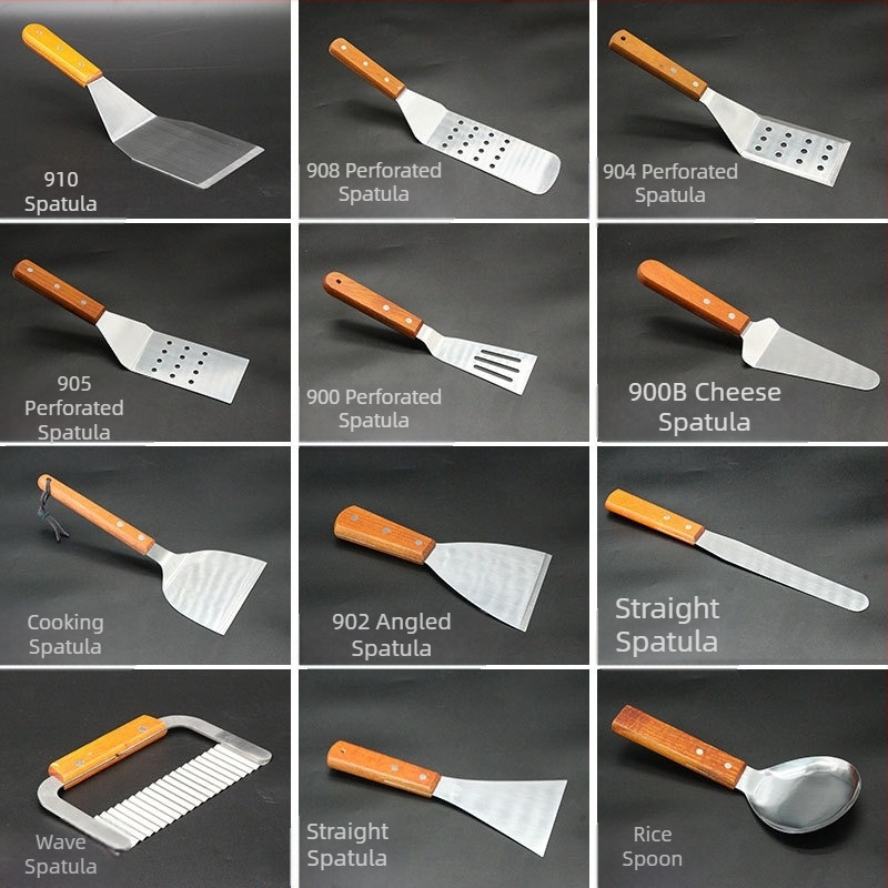 Set spatule teppanyaki cu mâner din lemn, din oțel inoxidabil – rezistență la temperaturi înalte, protecție împotriva arsurilor, include spatulă pentru steak și spatulă pentru grătar