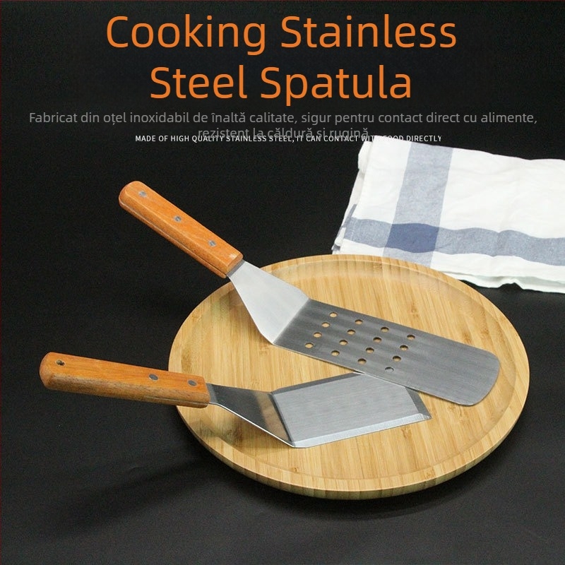 Set spatule teppanyaki cu mâner din lemn, din oțel inoxidabil – rezistență la temperaturi înalte, protecție împotriva arsurilor, include spatulă pentru steak și spatulă pentru grătar
