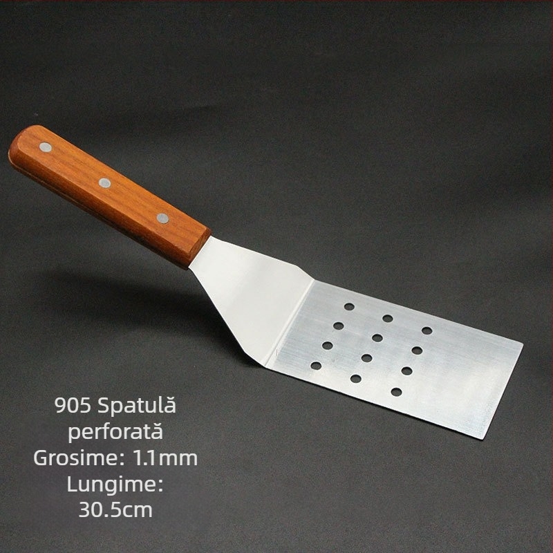 Set spatule teppanyaki cu mâner din lemn, din oțel inoxidabil – rezistență la temperaturi înalte, protecție împotriva arsurilor, include spatulă pentru steak și spatulă pentru grătar