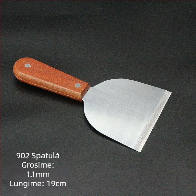 Set spatule teppanyaki cu mâner din lemn, din oțel inoxidabil – rezistență la temperaturi înalte, protecție împotriva arsurilor, include spatulă pentru steak și spatulă pentru grătar