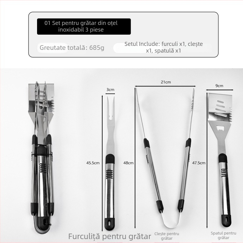 Set grill din oțel inoxidabil, 3 piese, include furculiță, spatulă și clip