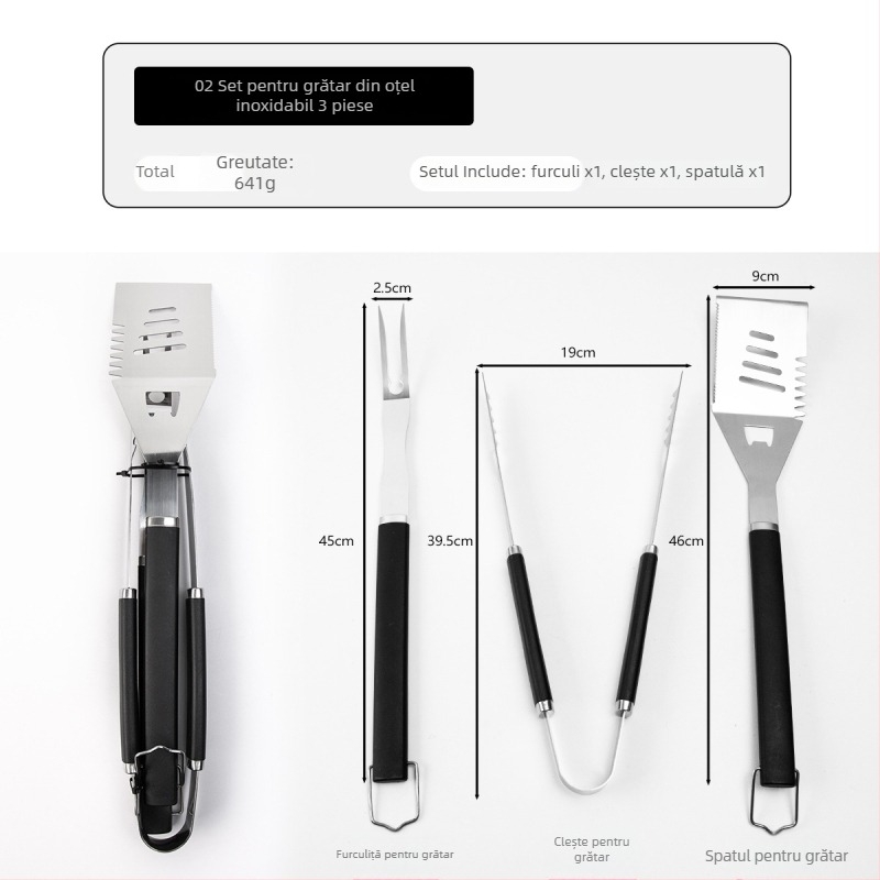 Set grill din oțel inoxidabil, 3 piese, include furculiță, spatulă și clip