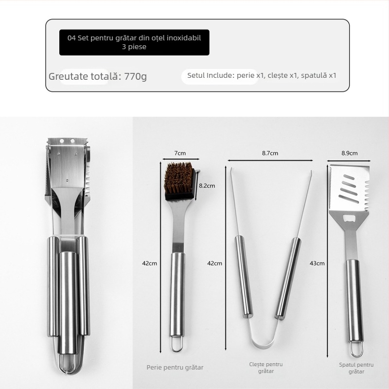 Set grill din oțel inoxidabil, 3 piese, include furculiță, spatulă și clip