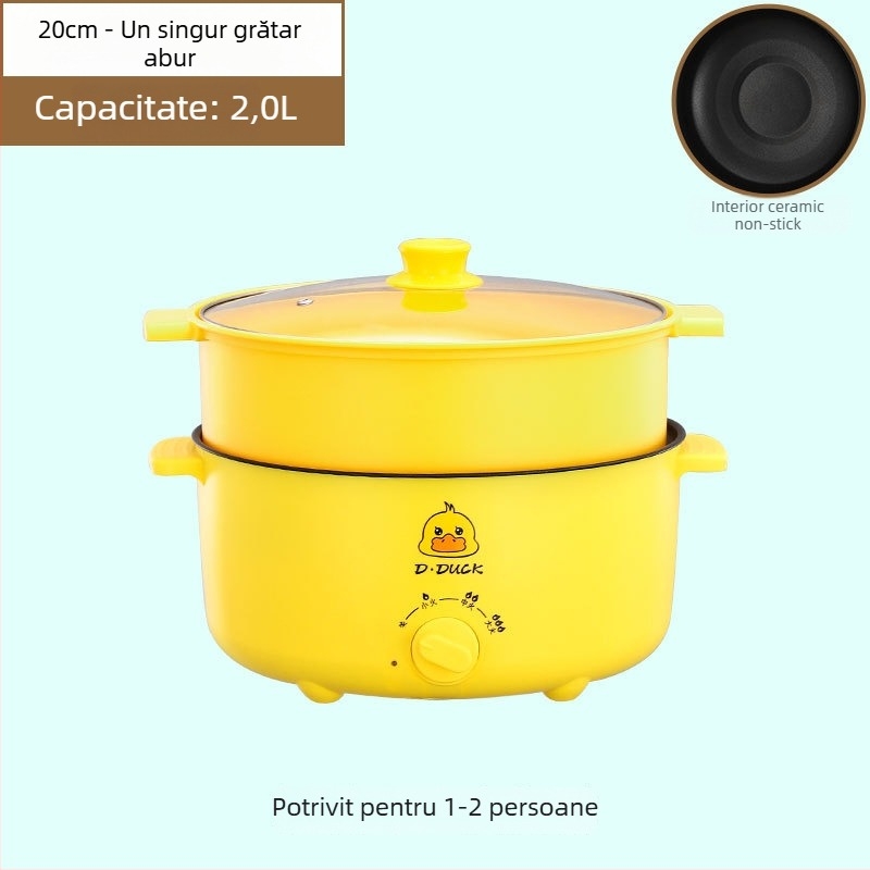 Gătitor electric multifuncțional cu mâner dublu și control prin buton de rotire, design integrat, pentru 4–5 porții