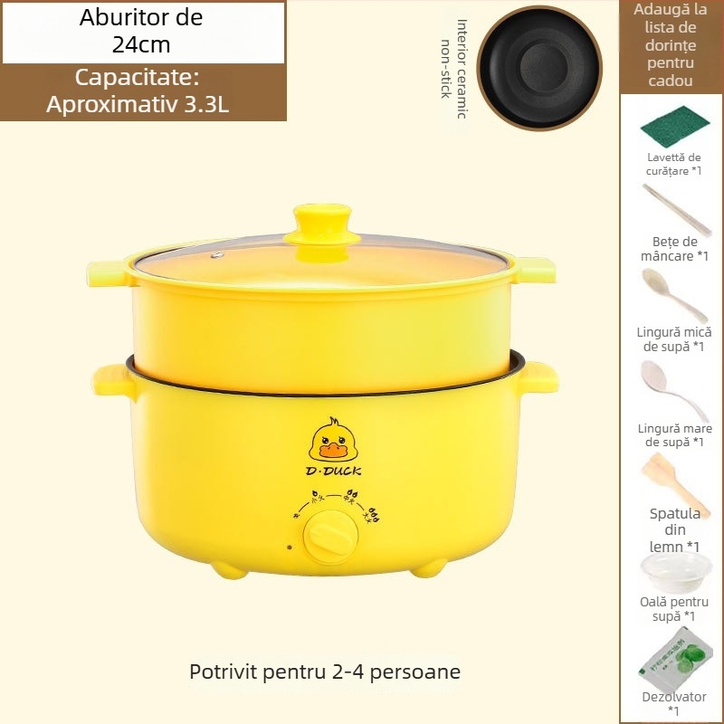 Gătitor electric multifuncțional cu mâner dublu și control prin buton de rotire, design integrat, pentru 4–5 porții