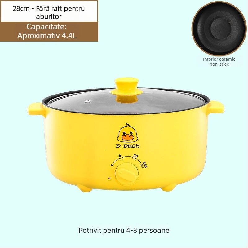 Gătitor electric multifuncțional cu mâner dublu și control prin buton de rotire, design integrat, pentru 4–5 porții