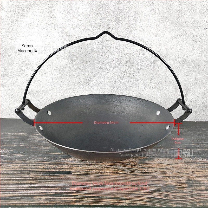 Oală suspendată din fontă – pentru gătit în stil chinezesc, netencuită, fund simplu, compatibilă cu plita cu gaz