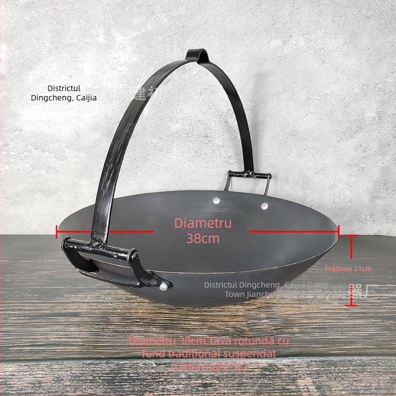Oală suspendată din fontă – pentru gătit în stil chinezesc, netencuită, fund simplu, compatibilă cu plita cu gaz