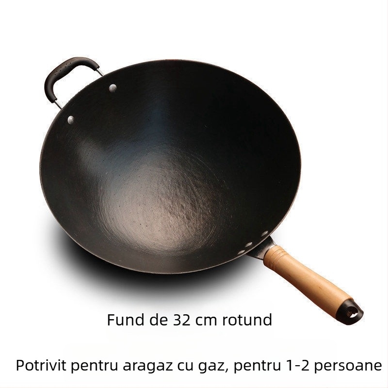 Wok din fier turnat, neacoperit, bază rotundă, compatibil cu plita cu inducție