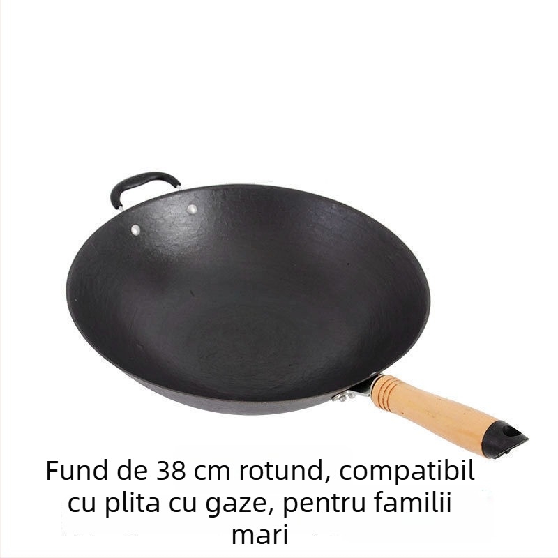 Wok din fier turnat, neacoperit, bază rotundă, compatibil cu plita cu inducție